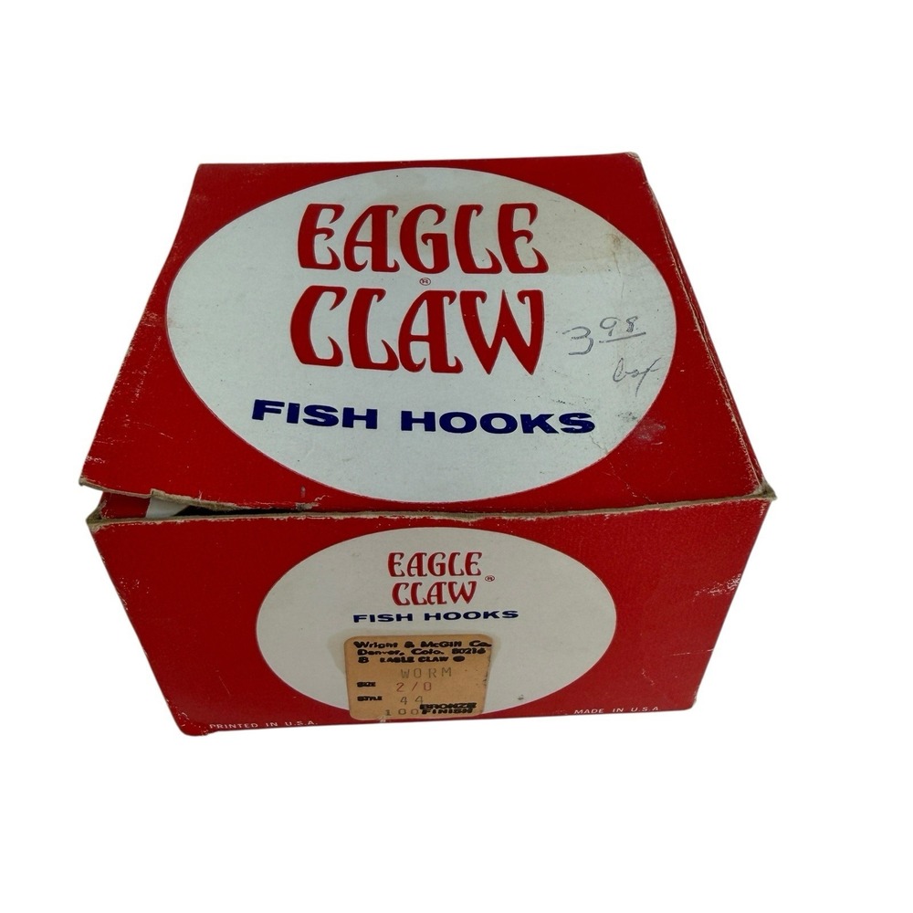 Vintage Eagle Claw Fish Hooks Bronze Finish Original Box 100 Count Size 2/0 USA